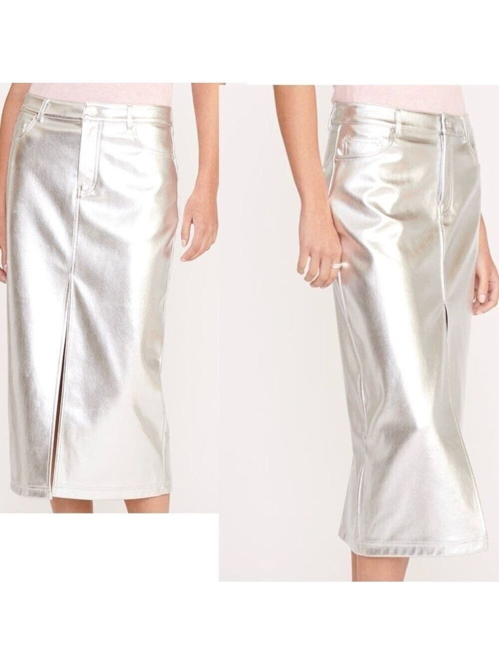 WAYF metallic silver faux leather high waisted midi pencil skirt front slit M - Picture 2 of 14